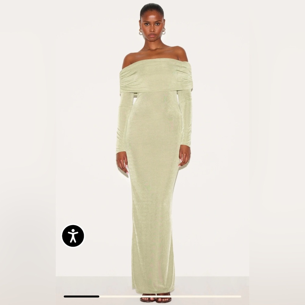 PrettyLittleThing Sage Green Off-Shoulder Velvet Maxi Dress